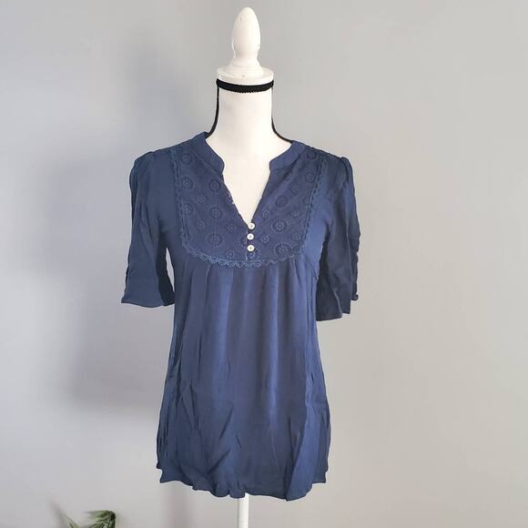 Suzanne Betro Navy Blue Flowy Boho Top S - Picture 1 of 6